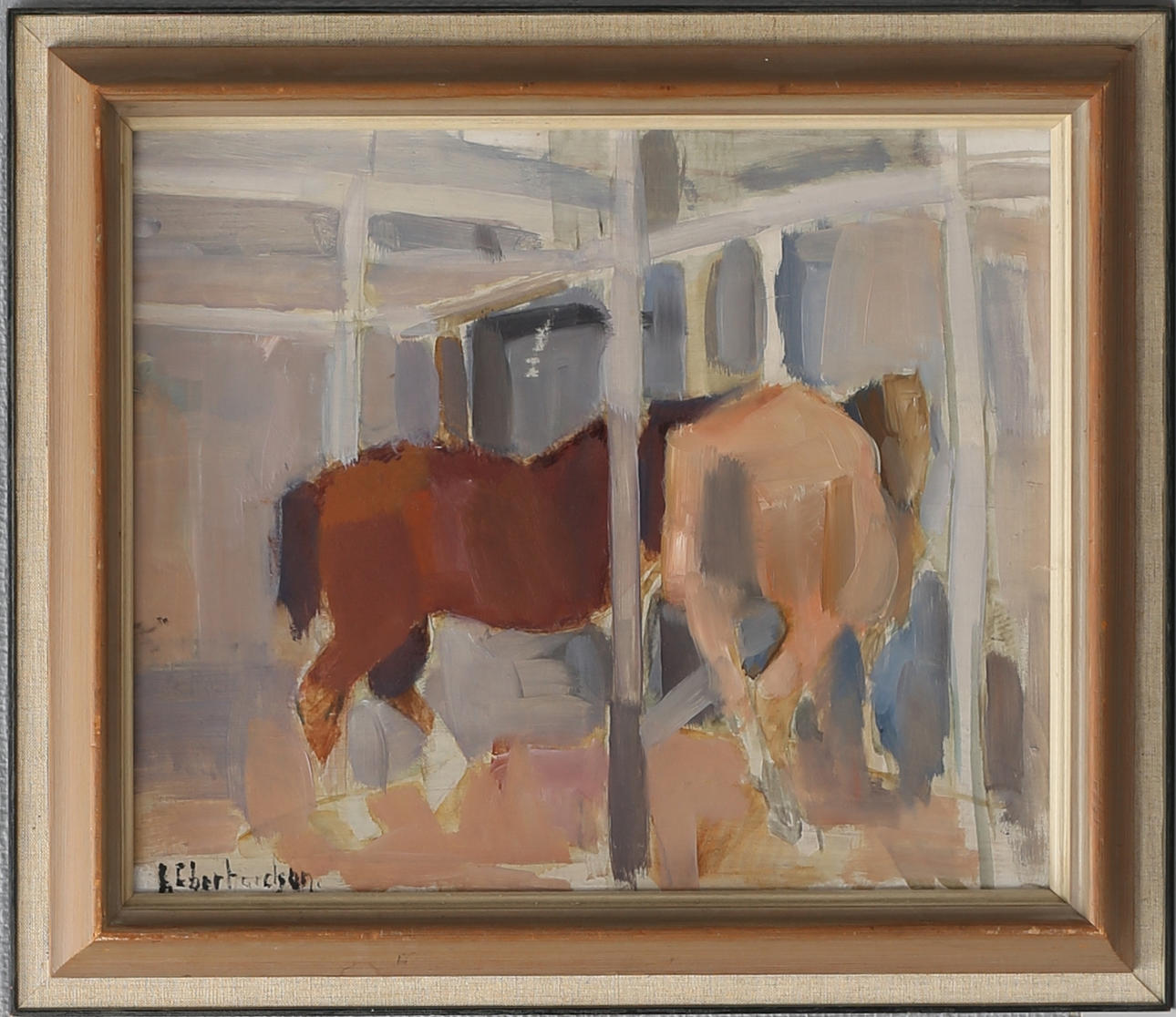 EBBE EBERHARDSON. "Hästar i stallet". Olja på pannå, signerad.