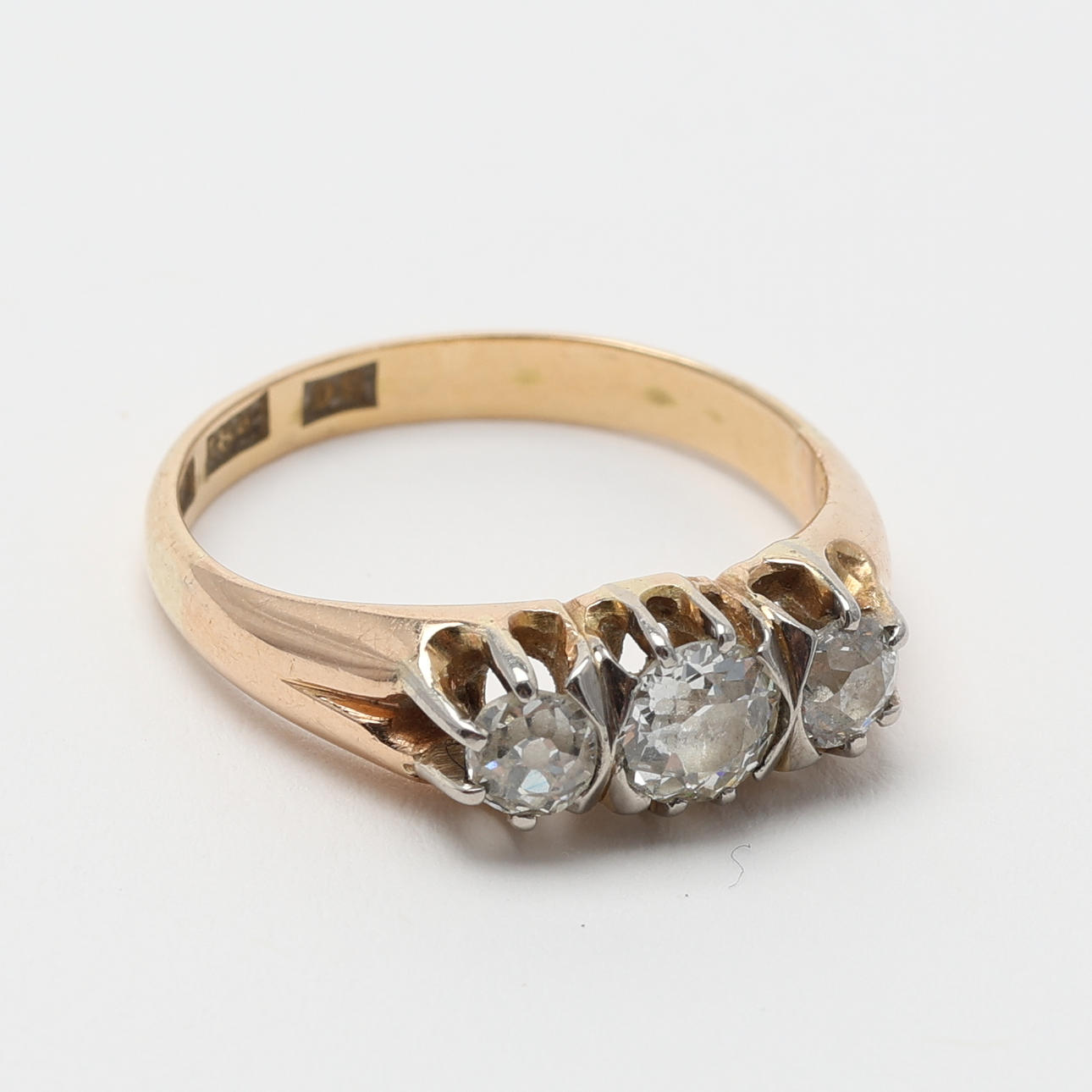 THREE-STONE RING, gold and diamonds, total approx. 0.80 ct.