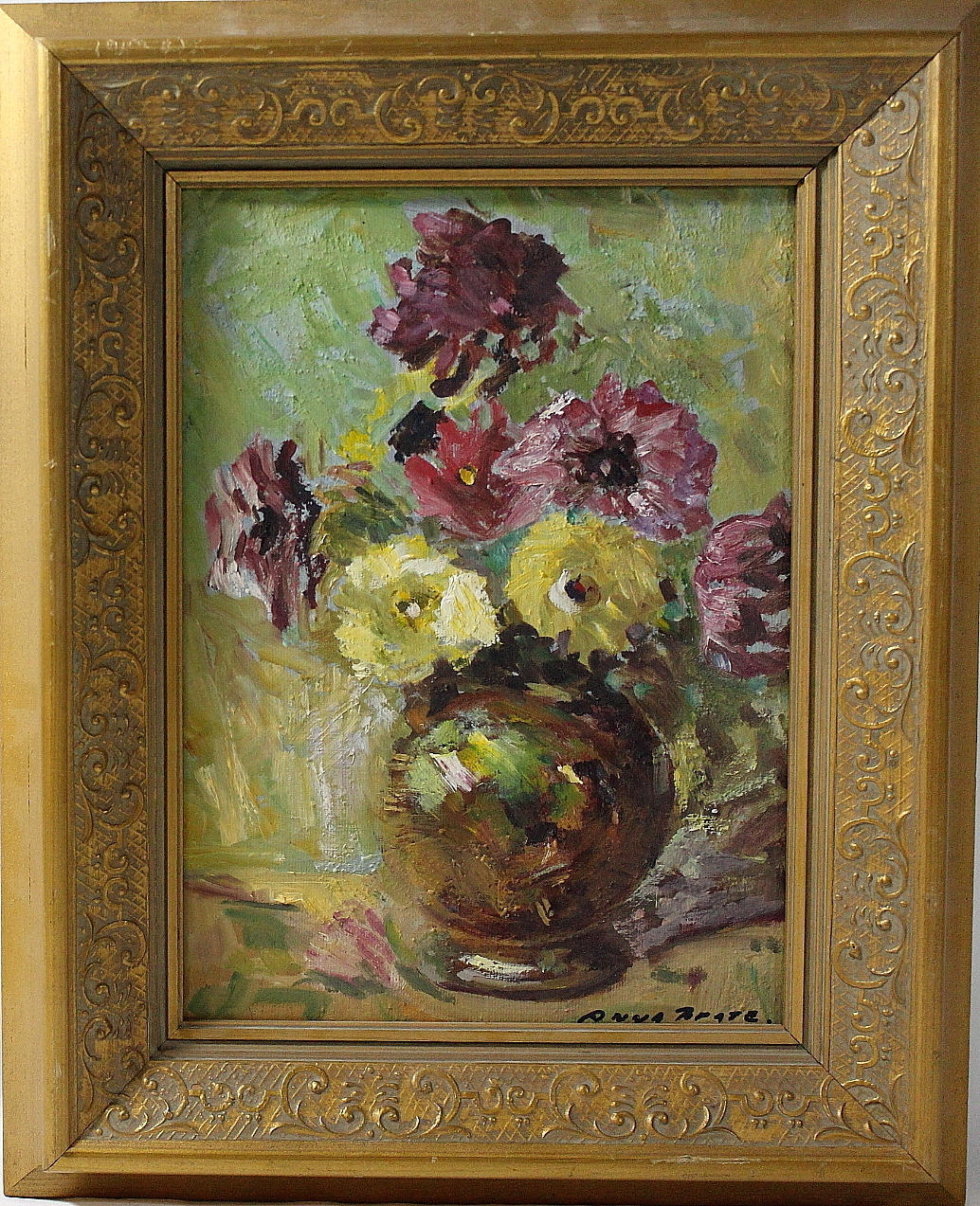 ANNA BRATE. olja på duk, blomstilleben, signerad.