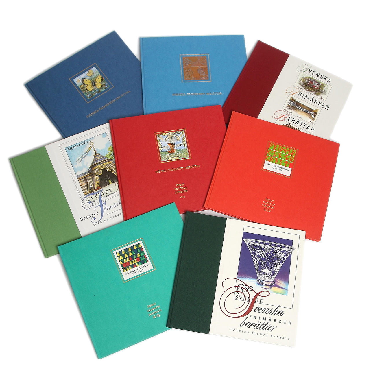 FRIMÄRKEN, 8 st. årsböcker "Svenska Frimärken Berättar", 1900-tal, nominellt värde 2000 SKr.