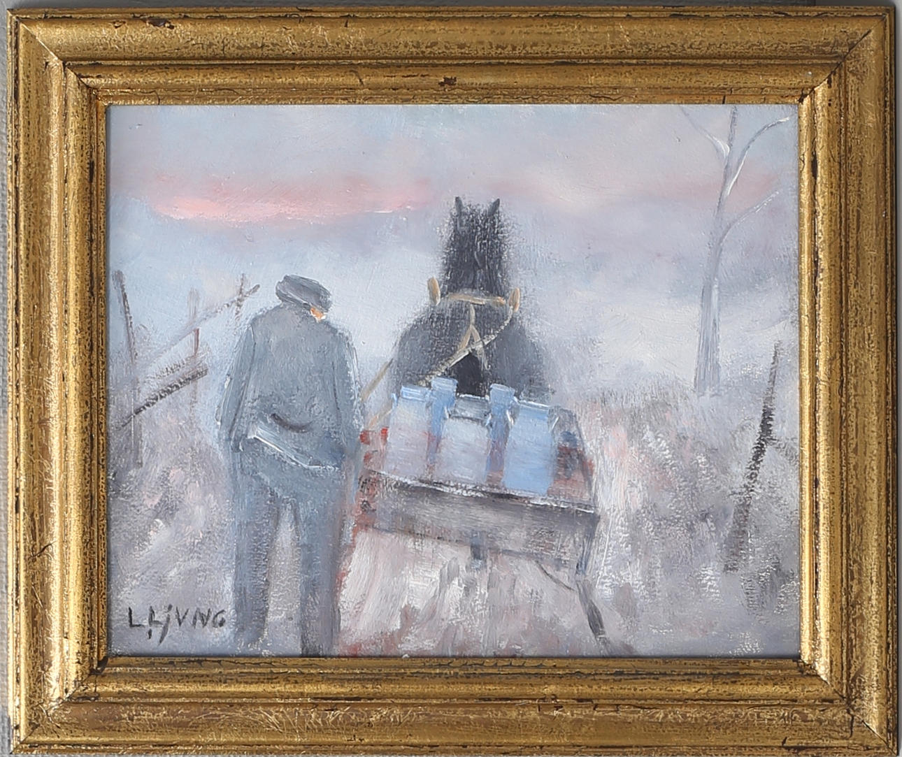 LENNART LJUNG. Bonde med häst och vagn med mjölkkannor. Olja på pannå, signerad, daterad -80 a tergo.