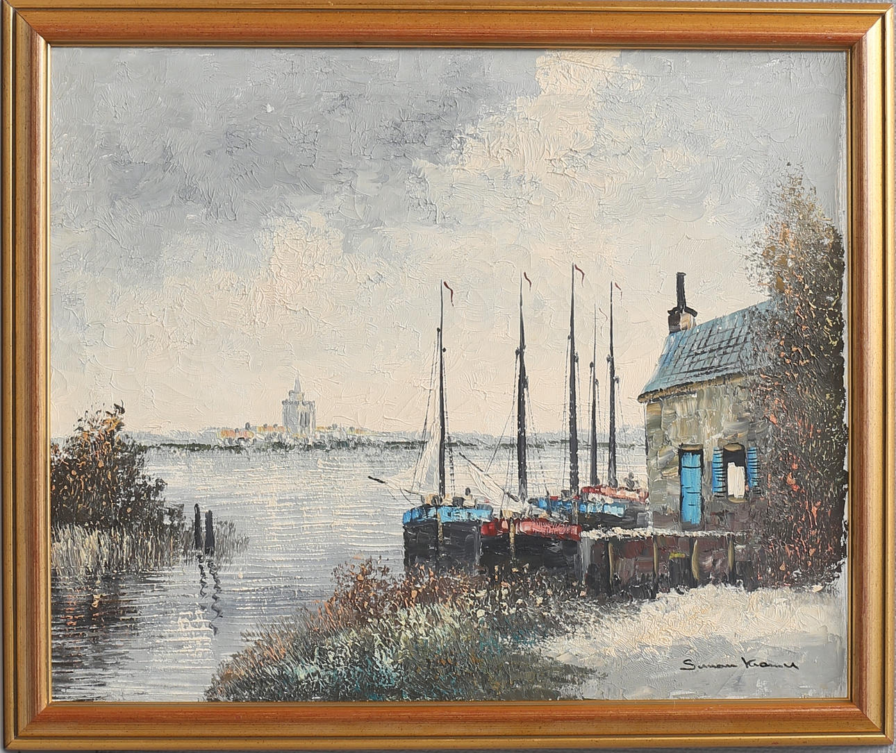 SIMON KRAMER. Kustmotiv med båtar. Olja på duk, signerad.