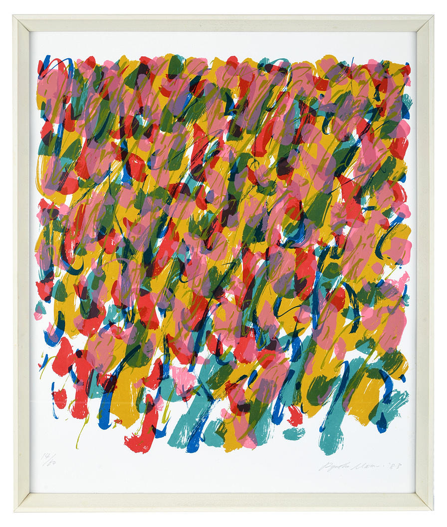 ABSTRAKT FÄLT MED OKKA, ROSA, GRÖNT OCH RÖTT. Litografi 14/60, signerad + daterad.