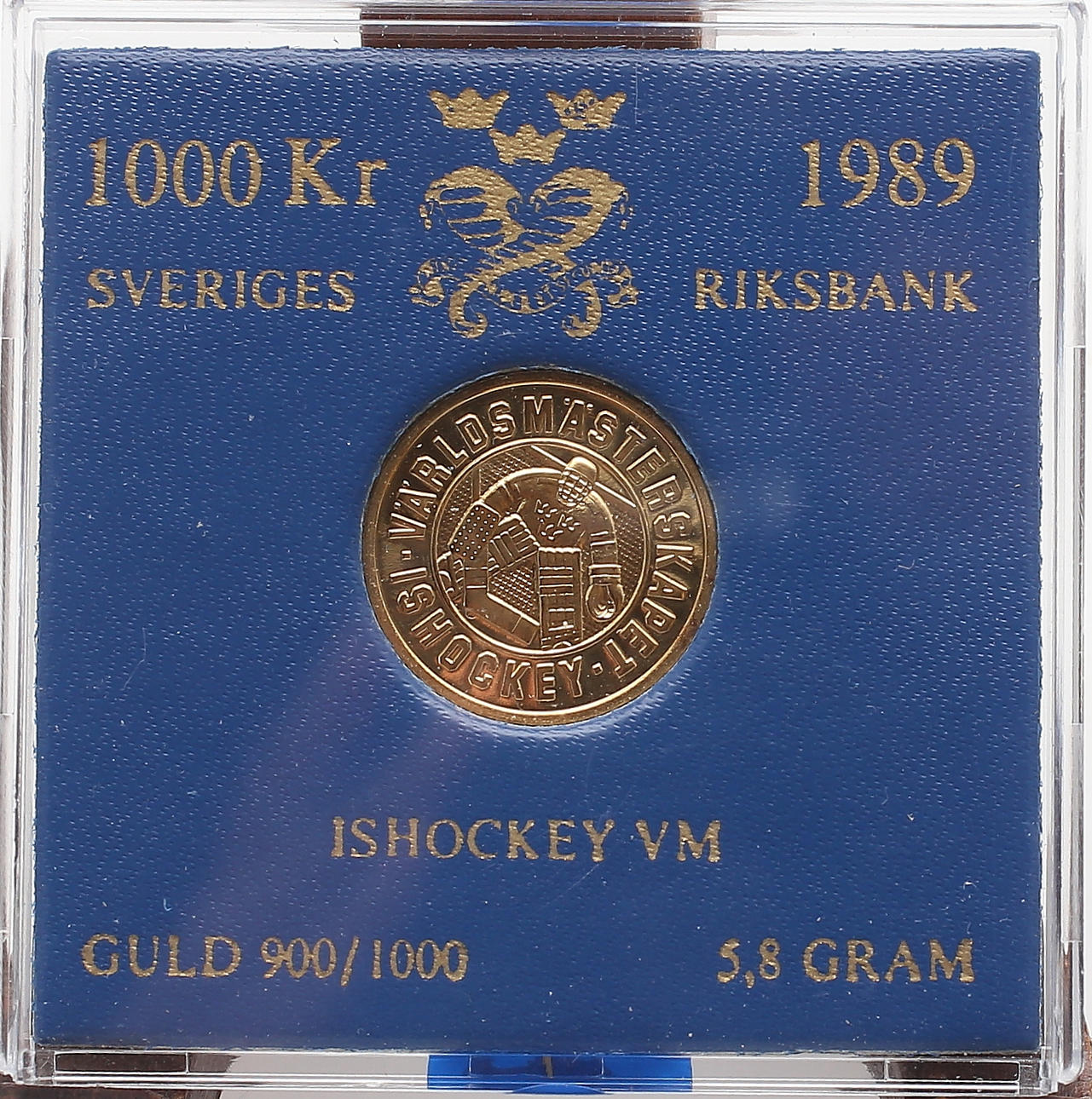 GULDMYNT 1000 kr, 5,8 g, 21,6 K, ishockey VM i Stockholm, 1989.