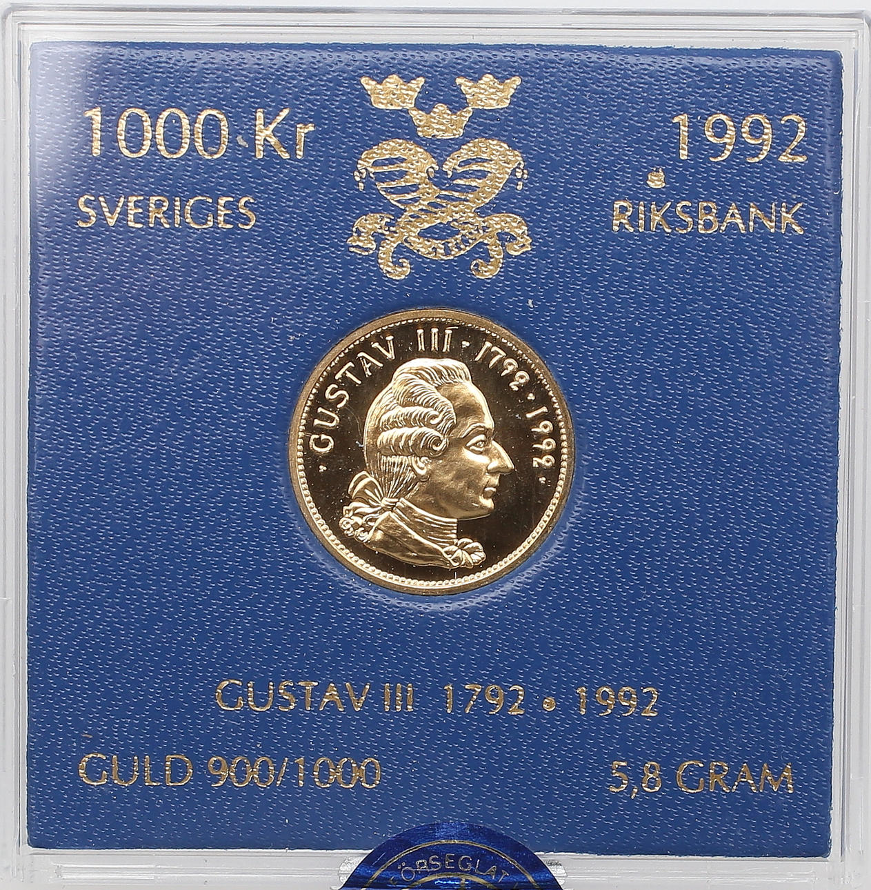 GULDMYNT, 1000 kr, 5,8 g, 21,6 K Gustav III 1792 1992.