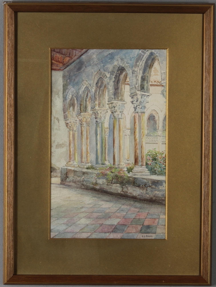 ANNIE LOUISE MAWE. 2 st, klostermotiv, akvarell, signerade.