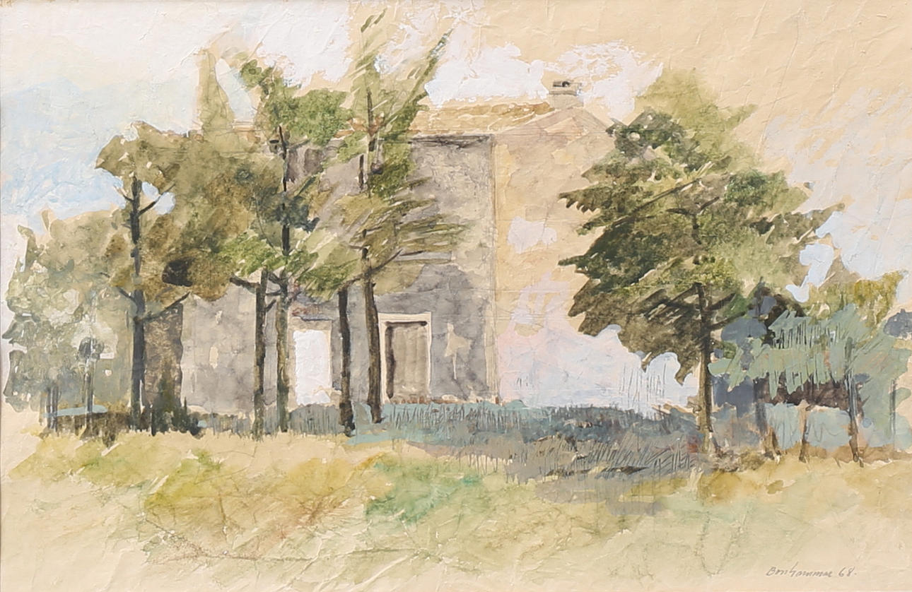 BENGT BOSSHAMMAR. Landskap med hus. Blandteknik, signerad och daterad 68.