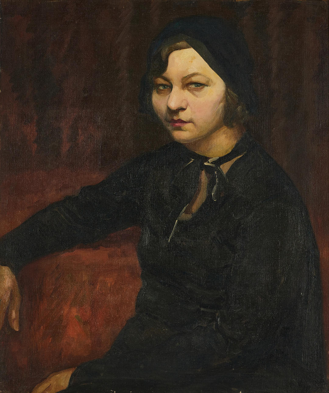 OKÄND KONSTNÄR, 1900-talets första hälft, Sittande dam med scarf, olja på duk