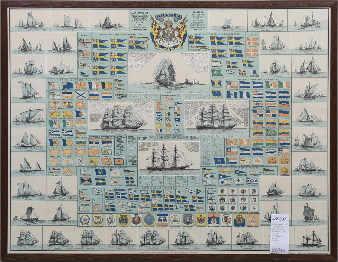 GRAFISKTBLAD, "Flaggkarta", Offsettryck i 6 färger och guld hos Axel Andreasen & Sönner, Danmark.