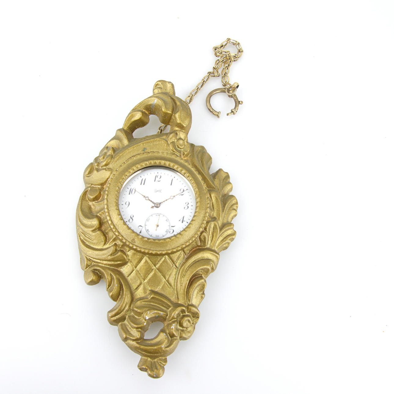 POCKET WATCH with WALL MOUNT, outer case in silver, bronze metal bracket, L.U.C. Switzerland, the turn of the last century.