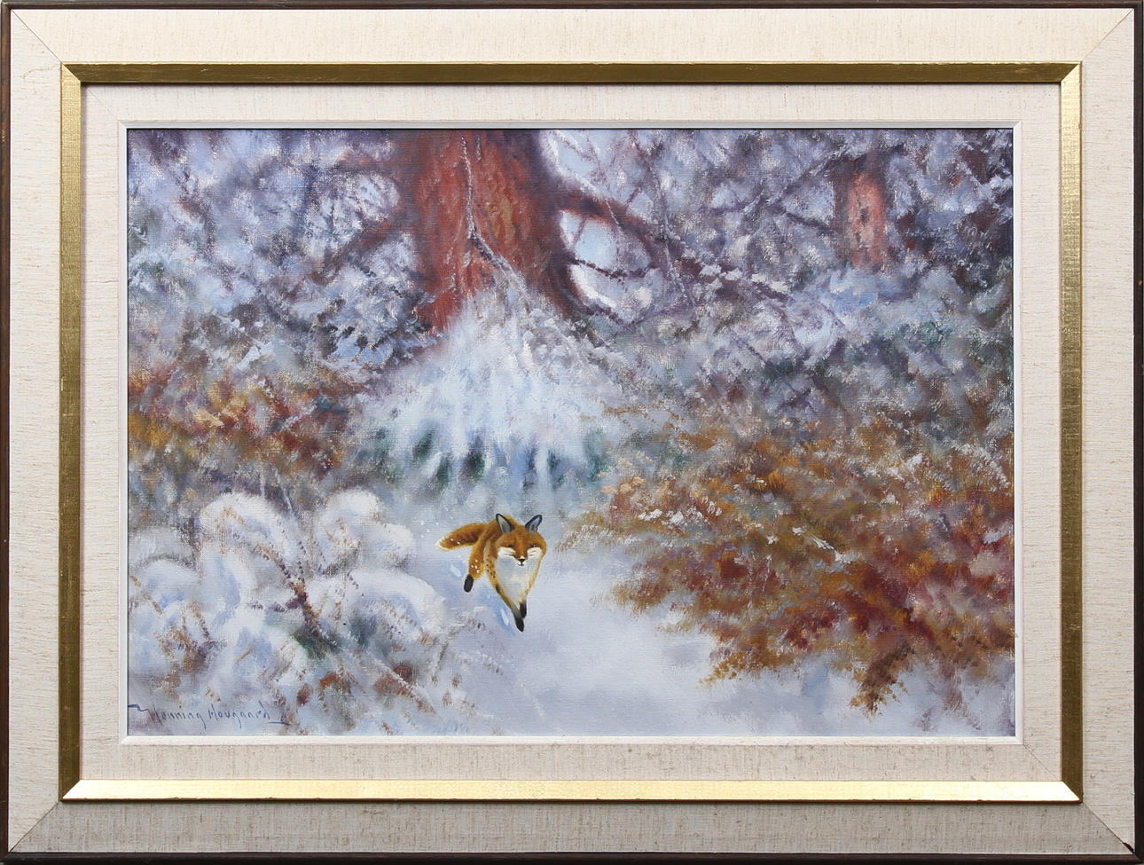 HENNING HOUGAARD. Räv i vinterlandskap. Olja på duk. Signerad.