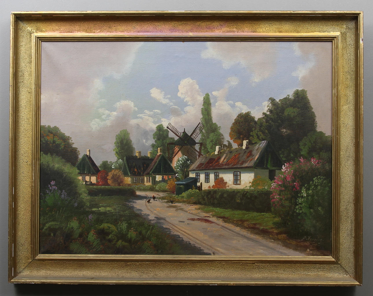 D.HORNING. Sommarlandskap med pickande höns och väderkvarn. Olja på duk. Signerad.