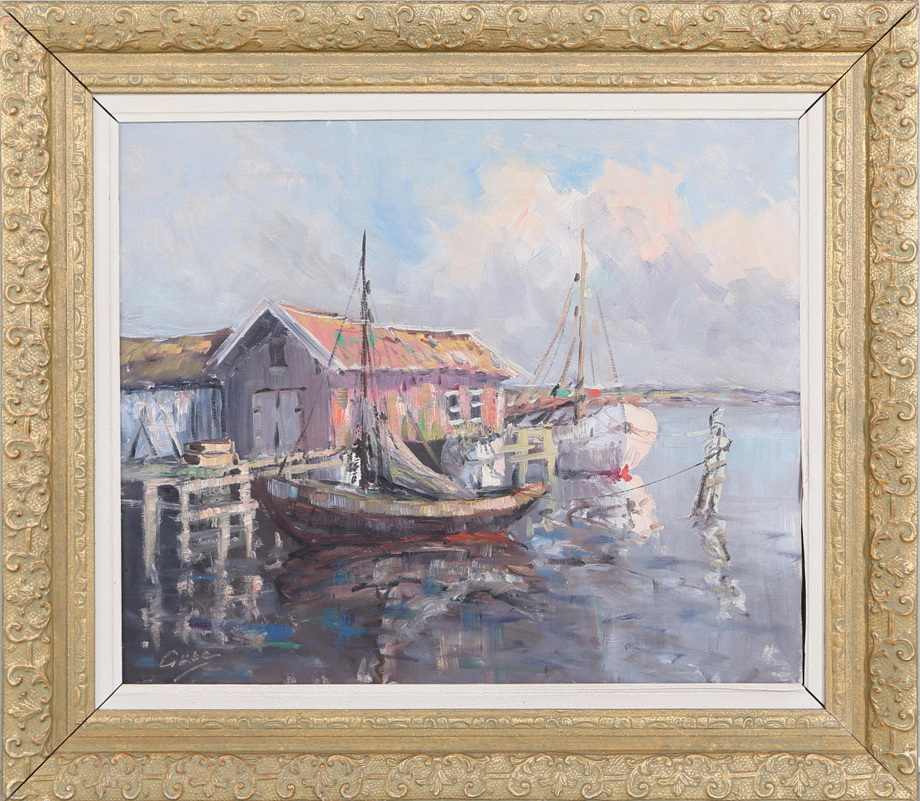 GÖTE NILSSON. Västkustmotiv med fiskebåt. Olja på duk. Signerad Göte.