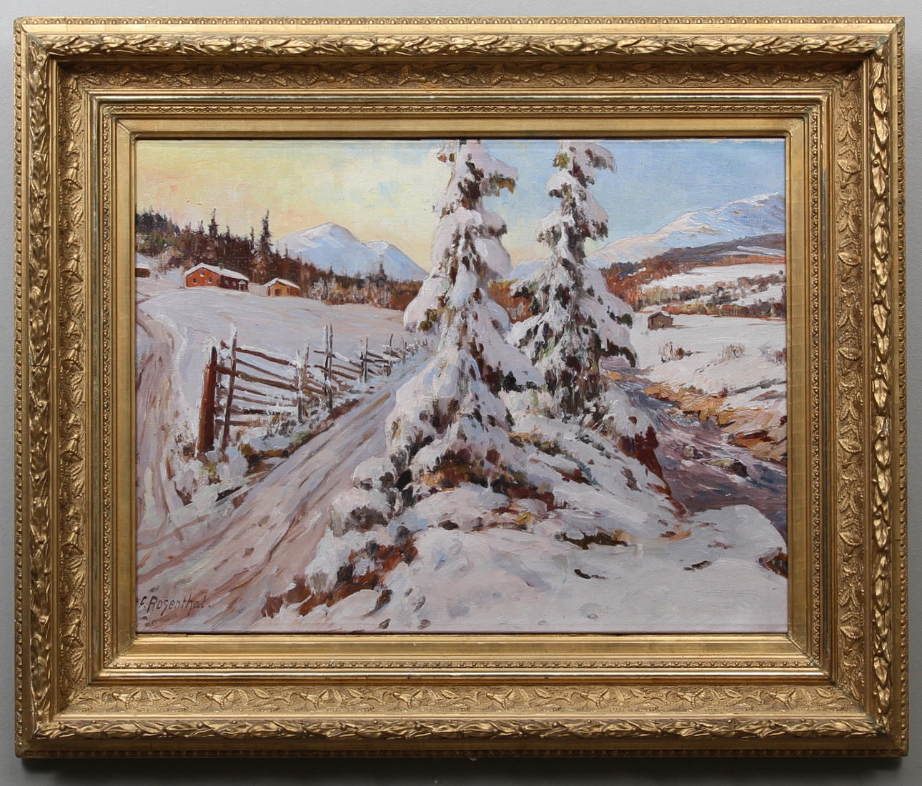 FRITZ ROSENTHAL. Fjällandskap med snötyngda granar och hus. Olja på duk. Signerad.