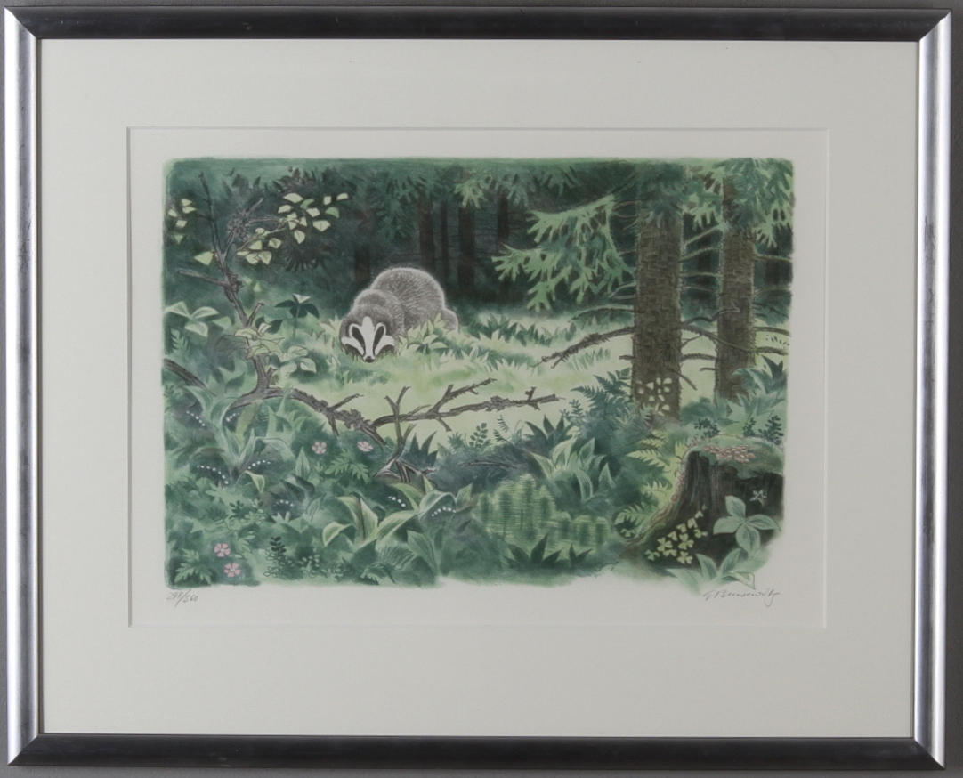 GUNNAR BRUSEWITZ. 2 st, grävling samt landskap med hus, färglitografier, signerade samt numrerade.