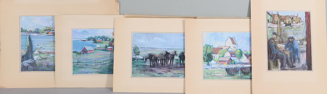 KARL SUNDSTRÖM. Pasteller, 5 st, signerade.