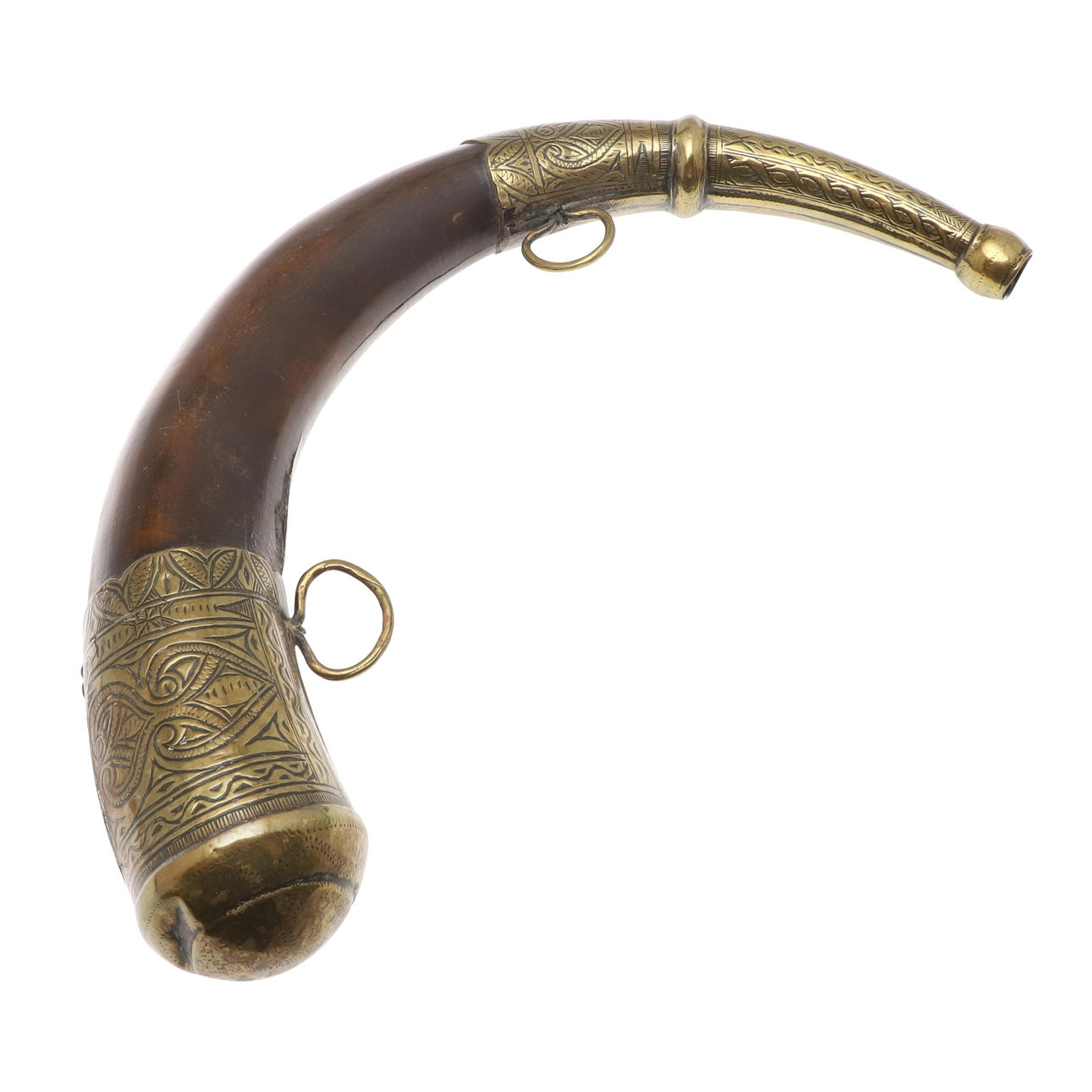 A LARGE BRASS MOUNTED HORN POWDER FLASK. POSSIBLY MOROCCAN.