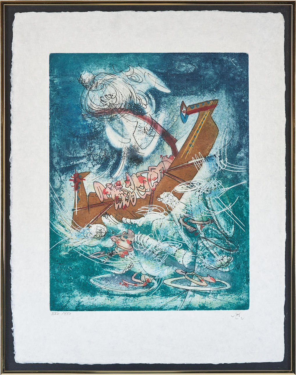 ROBERTO MATTA. “Les naufrageants”, colour etching, signed.