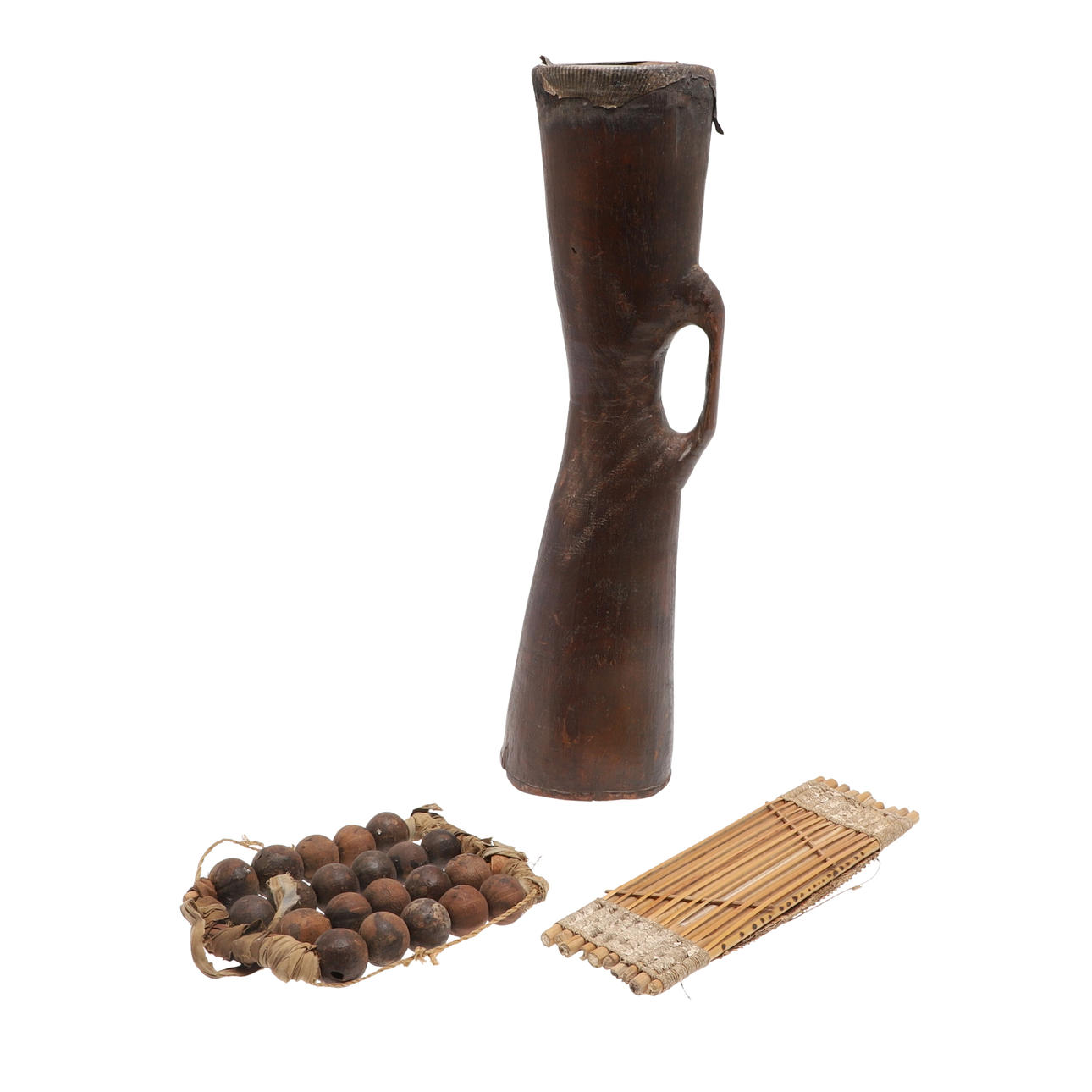 A SOUTH AFRICAN BAMBOO MUSICAL INSTRUMENT AND FOUR OTHER INSTRUMENTS ...