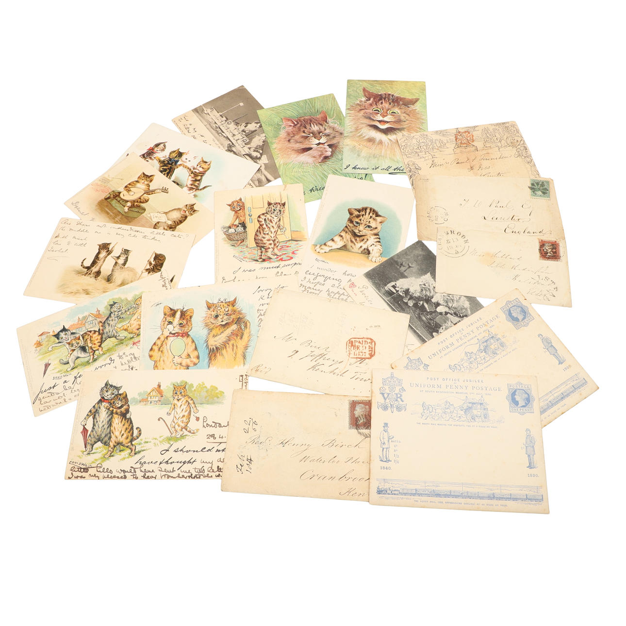 19THC MULREADY ENVELOPE, POSTAL HISTORY & LOUIS WAIN POSTCARDS.