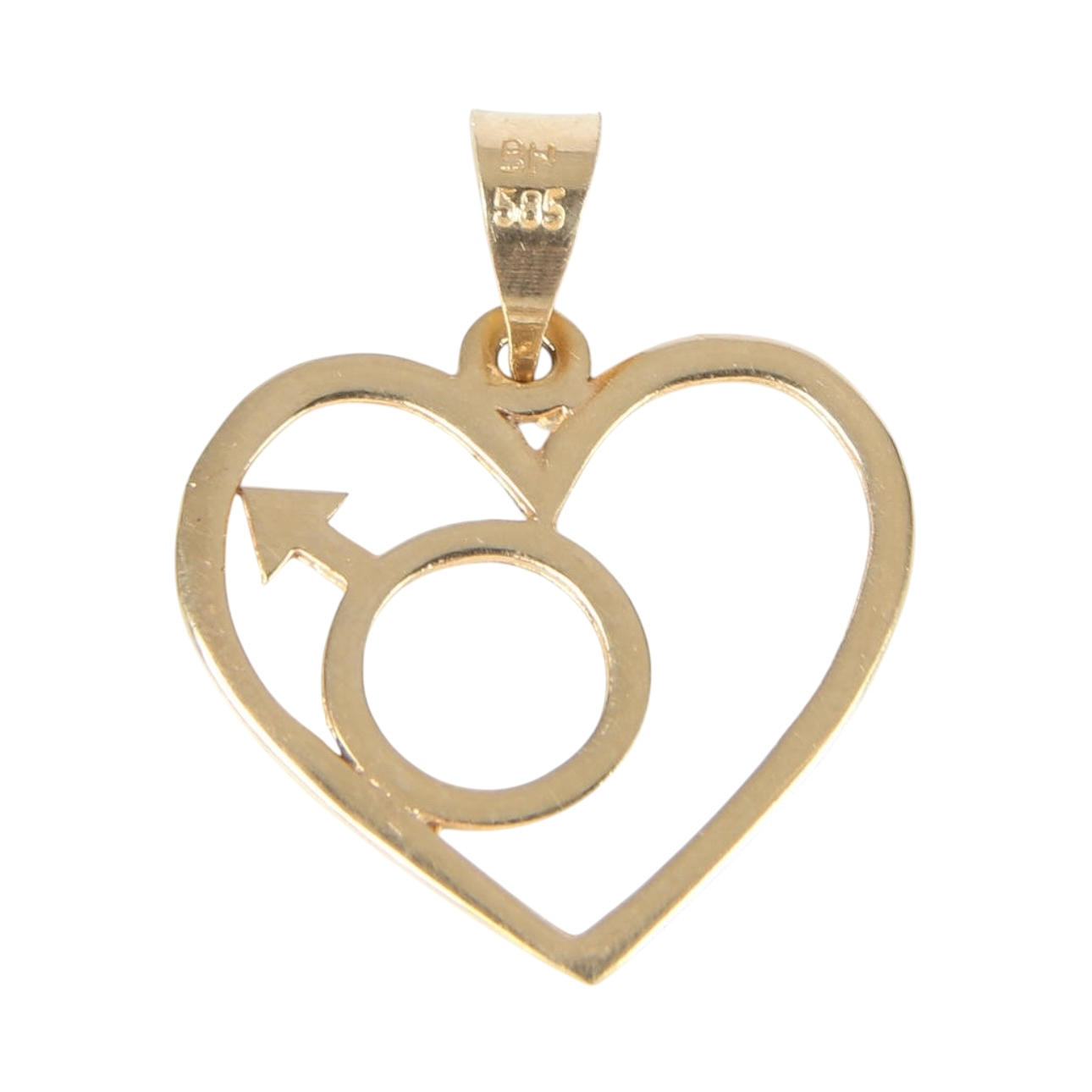 Vedhæng af 14K guld med hjerte og maskulint tegn.