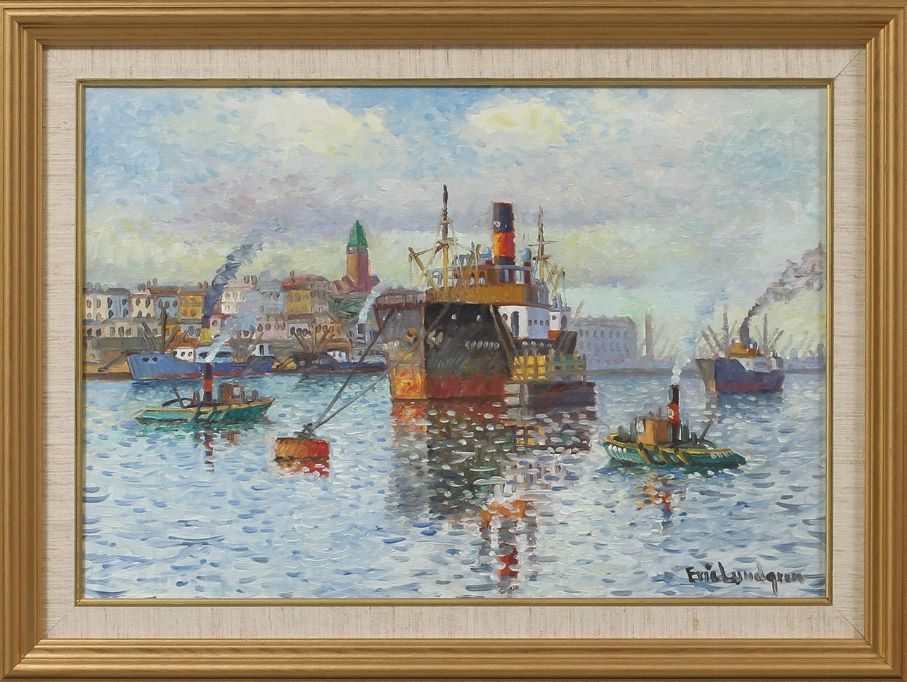 ERIC LUNDGREN. Göteborgs hamn, olja på duk, signerad.