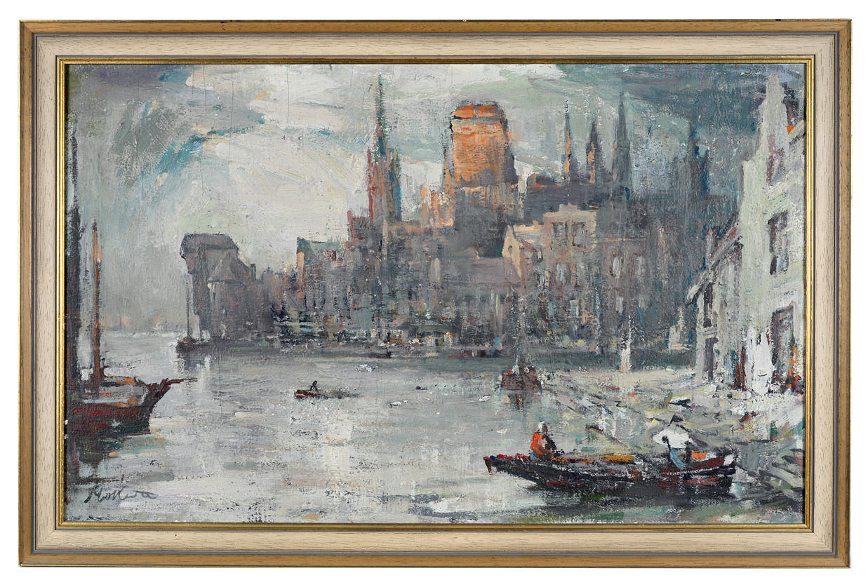 MARIAN MOKWA. Danzig. Utsikt över Motlawa till kranen.