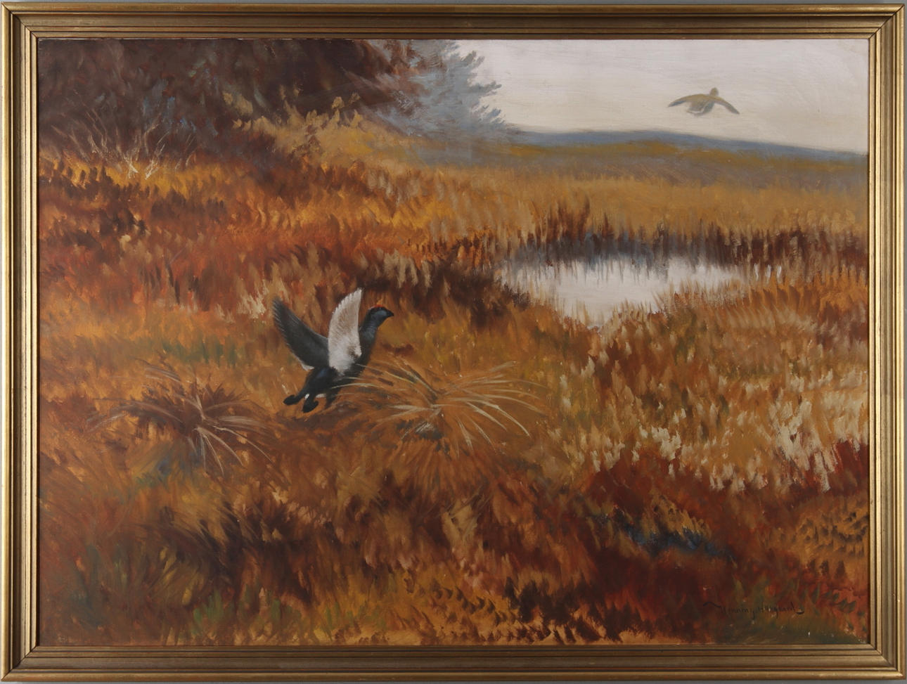 HENNING HOUGAARD. Landskap med orrar, olja på duk, signerad.