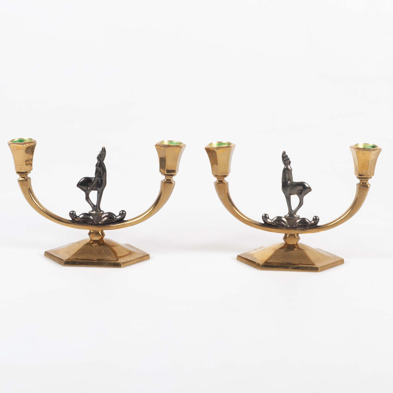 CANDLESTICKS, a pair, art deco for two candles, brass.