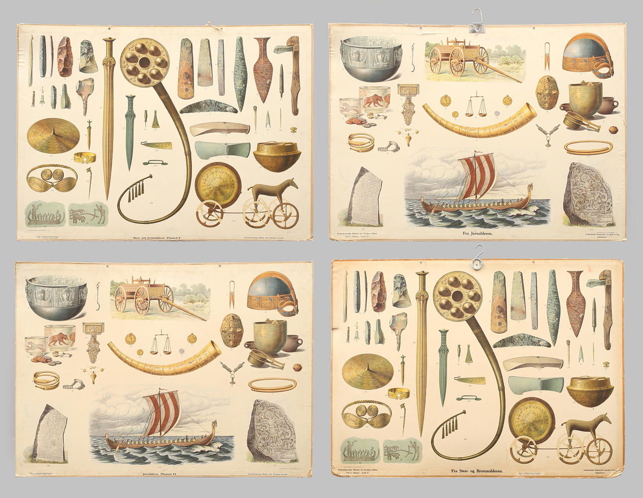 SKOLPLANSCHER 4 st, Sten & Bronsåldern samt Järnåldern. Svenska och Danska.