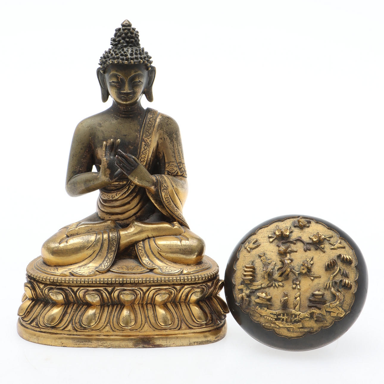 BUDDHA, figurine and box, bronze.