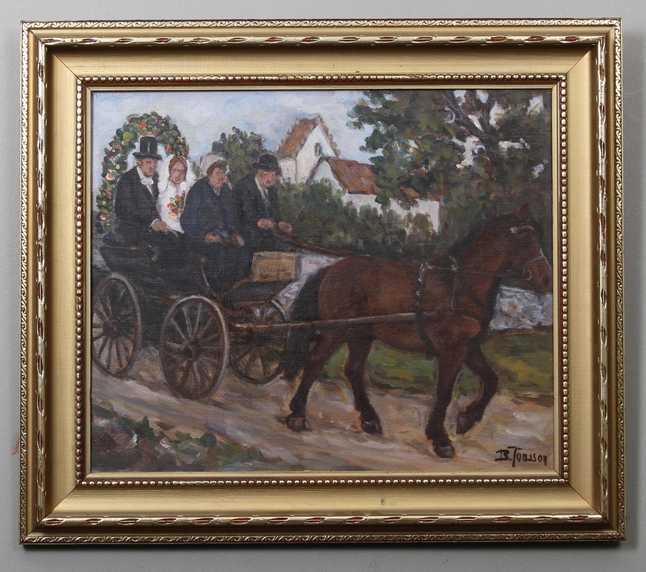 BROR JÖNSSON. Hästskjuts med brudpar. Olja på duk. Signerad B.Jönsson.