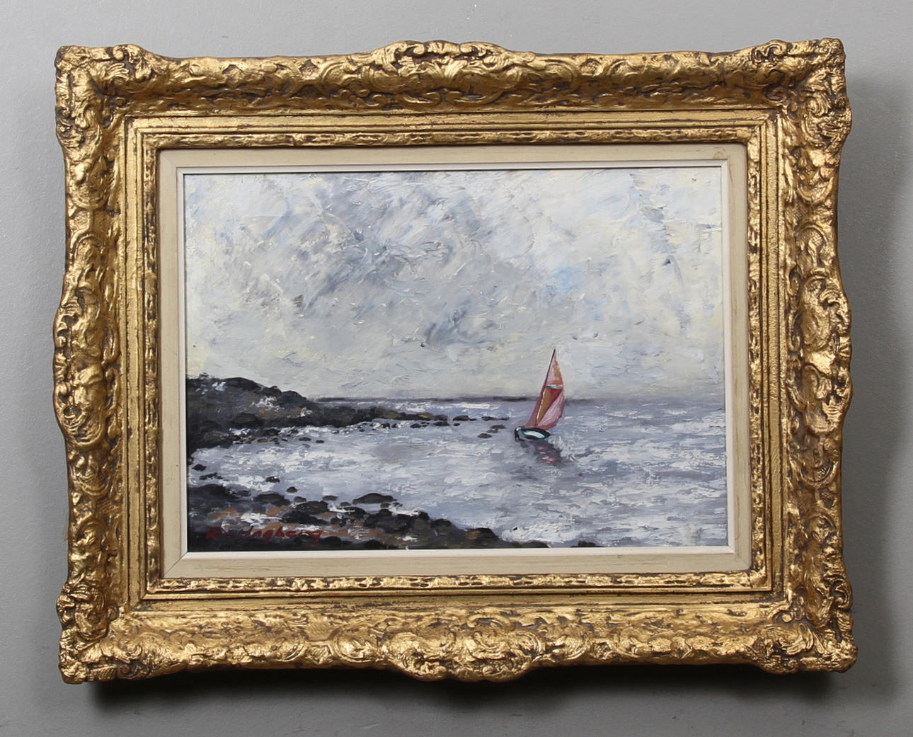 KE HAGBERG. Kustlandskap med segelbåt. Olja på duk. Signerad.