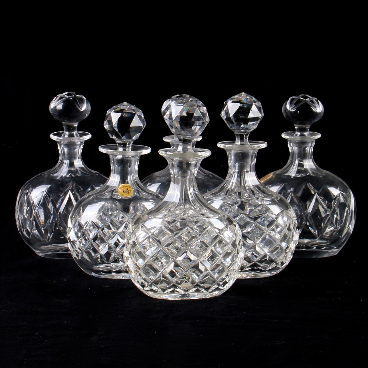 FLASKOR, med propp, 6 st. Glas, Kosta samt Åfors, 1900-tal.