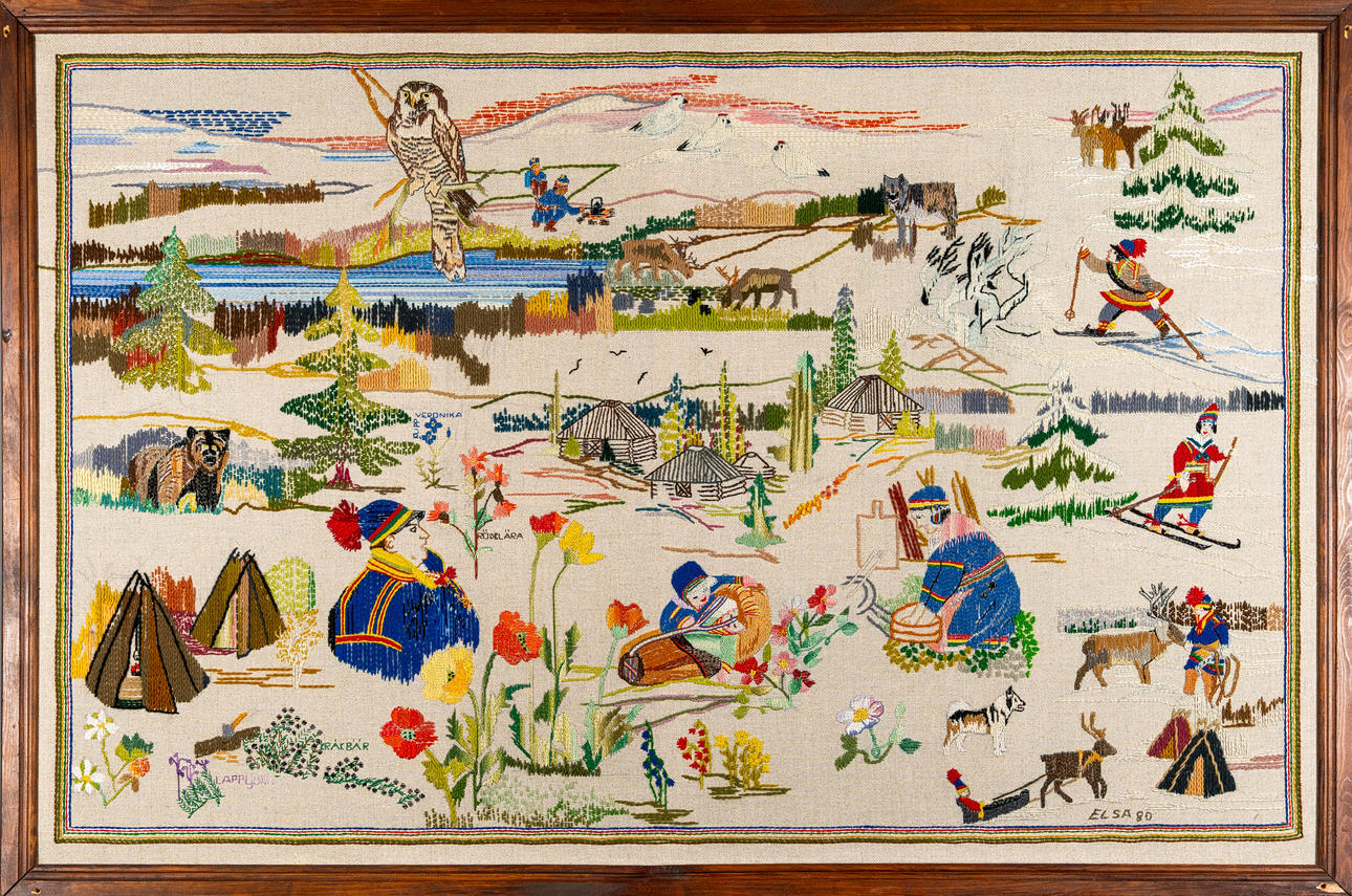 ELSA GUSTAFSSON. Embroidery, Sami motif, Signed.