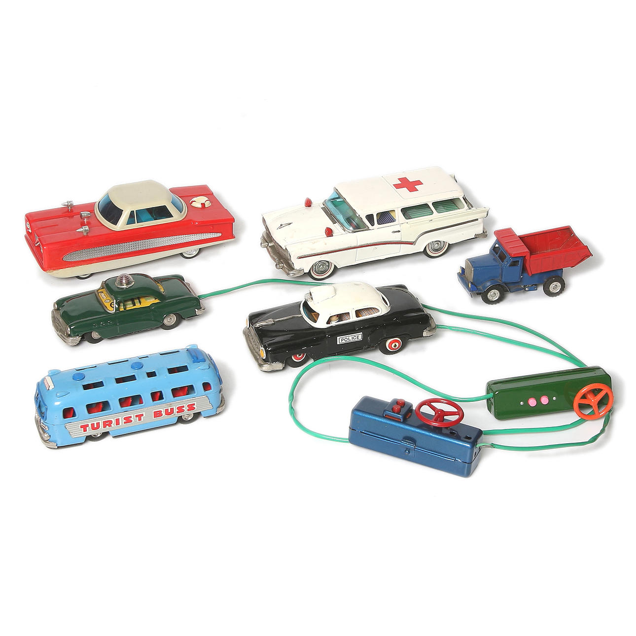 LEKSAKSBILAR, 6 st. plåt/plast bl.a. ambulans och polisbilar, Japan, 1900-talets mitt.