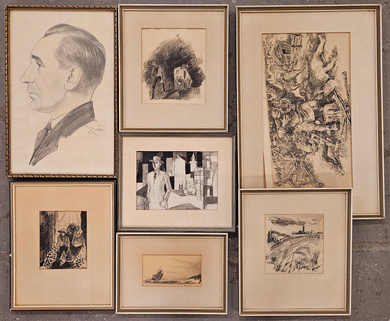 DIVERSE KUNSTNERE, tegninger, 7 stykker, herunder Yngve Svedlund, Björn ...