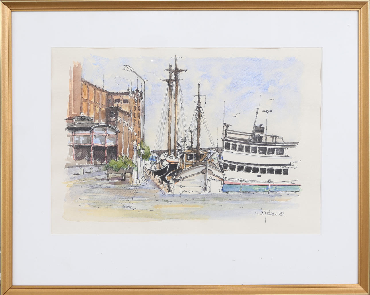 BERT ZEDRÉN. akvarell, "Kalmar Hamn", signerad och daterad 1992.