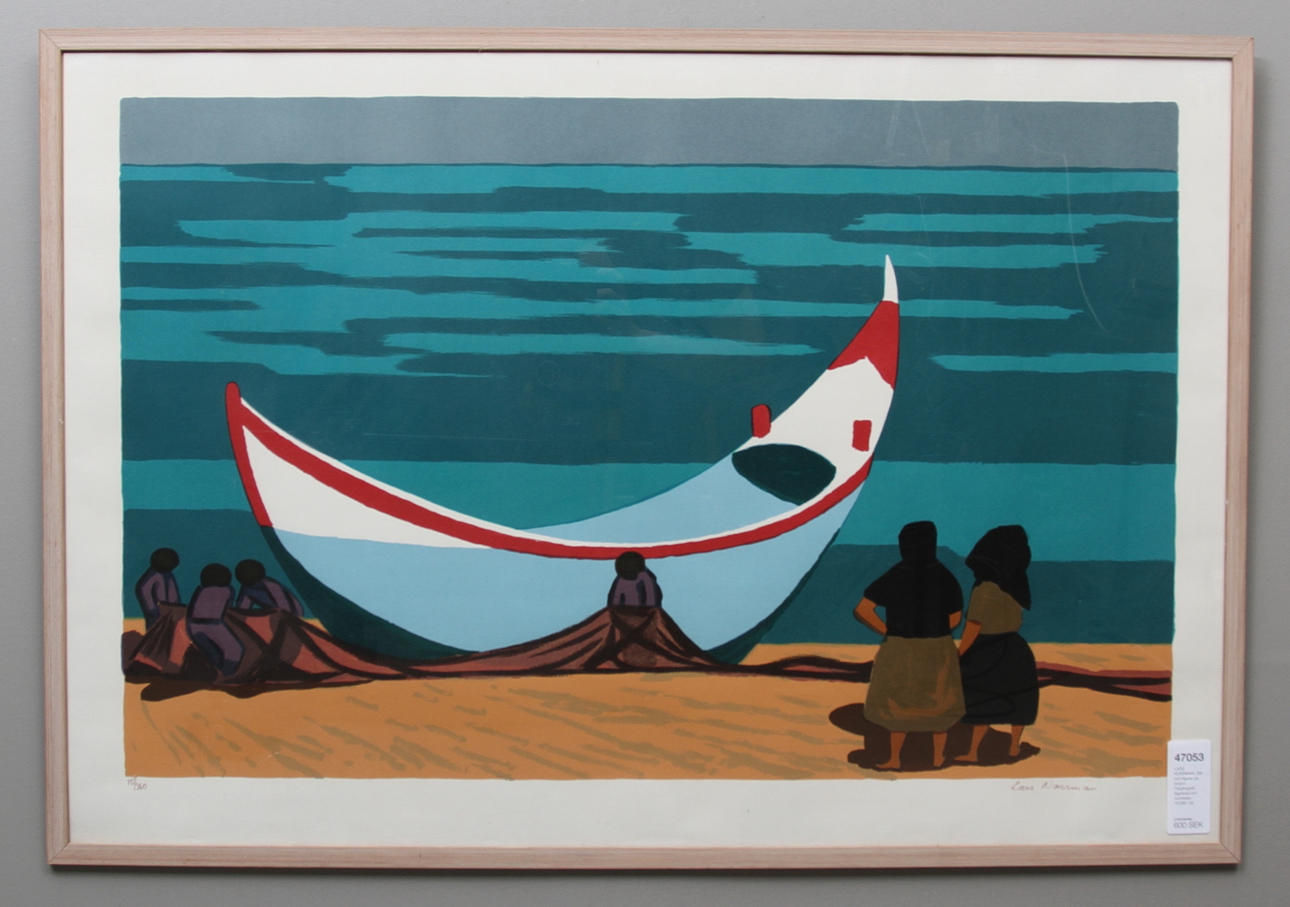 LARS NORRMAN. Båt och figurer på strand. Färglitografi. Signerad och numrerad 15/360.