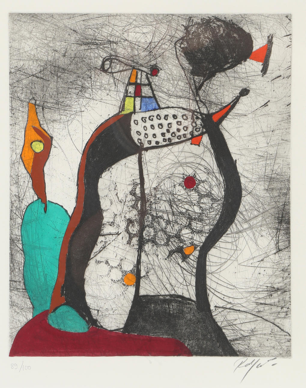 ROBERT JACOBSEN (1912-1993). Abstract figure composition, hand colored etching.