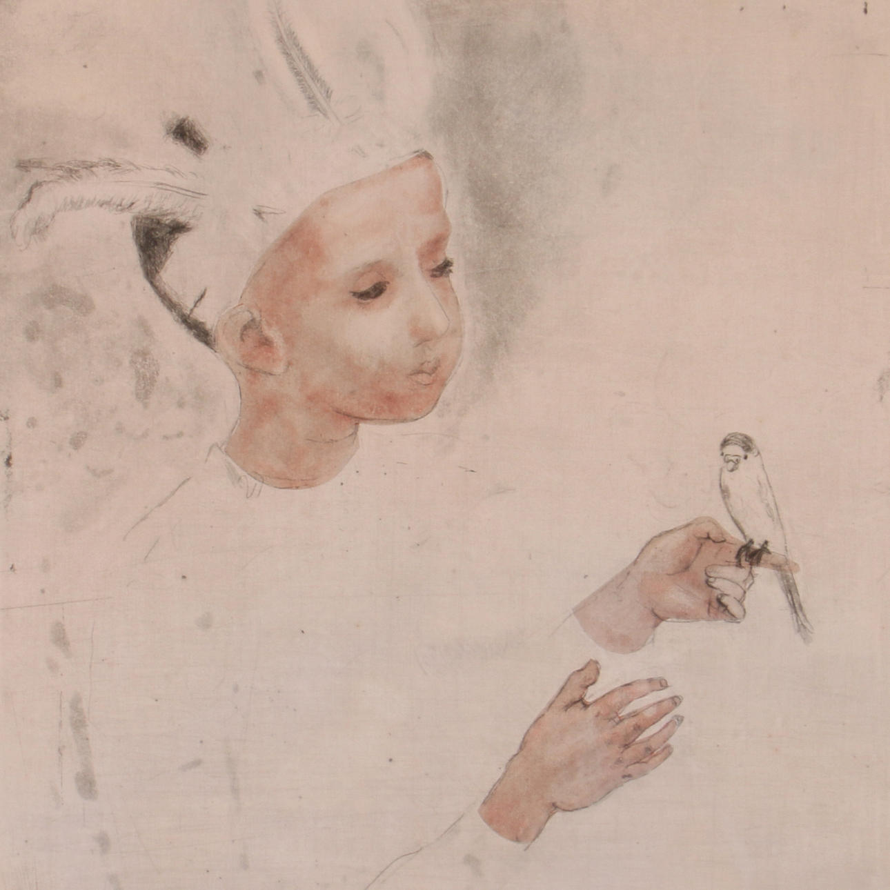 LOUIS BASTIN. Färgetsning, "En fågel i handen", signerad samt daterad 1948.
