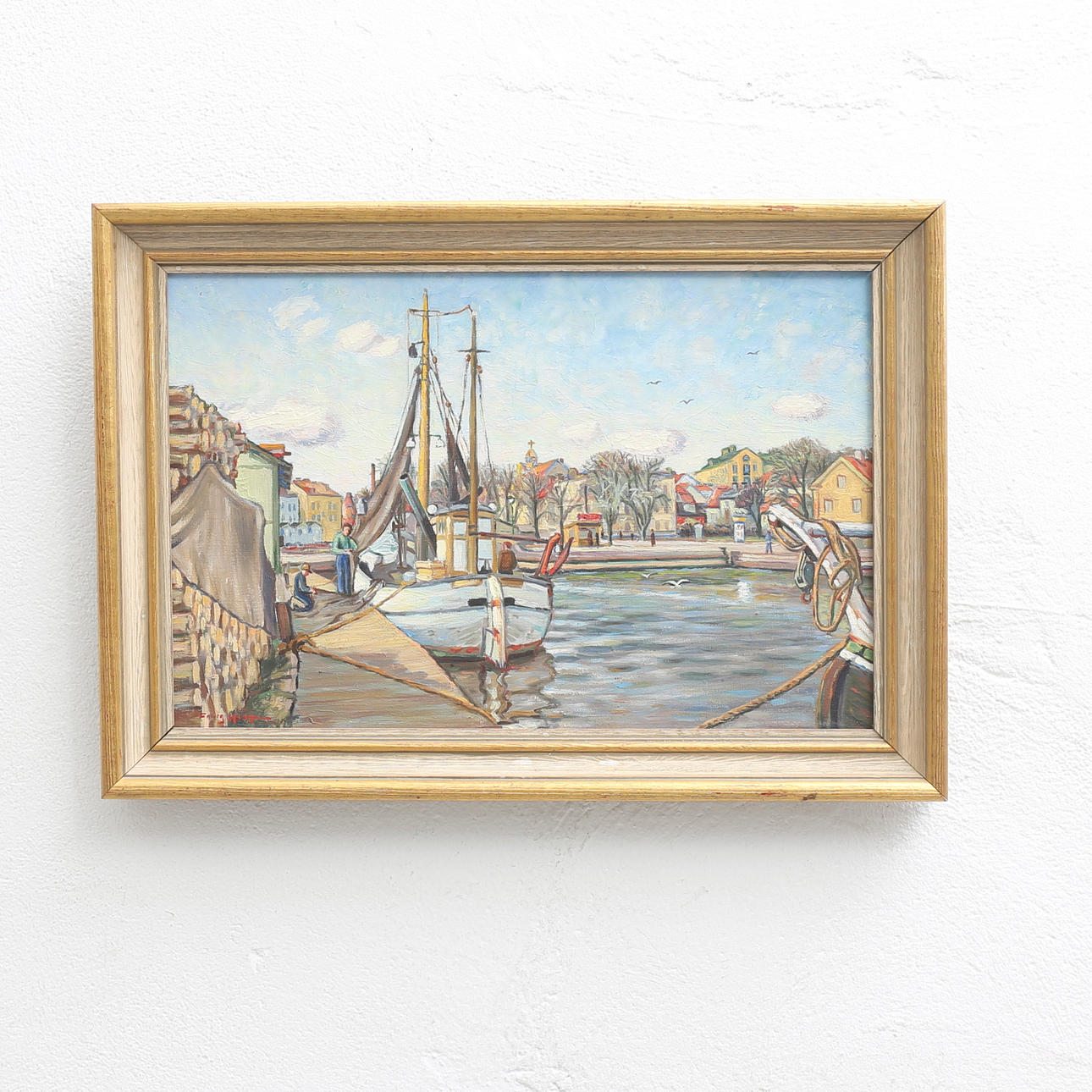 GEORG HULT. Oskarshamns hamn, olja på duk, signerad.