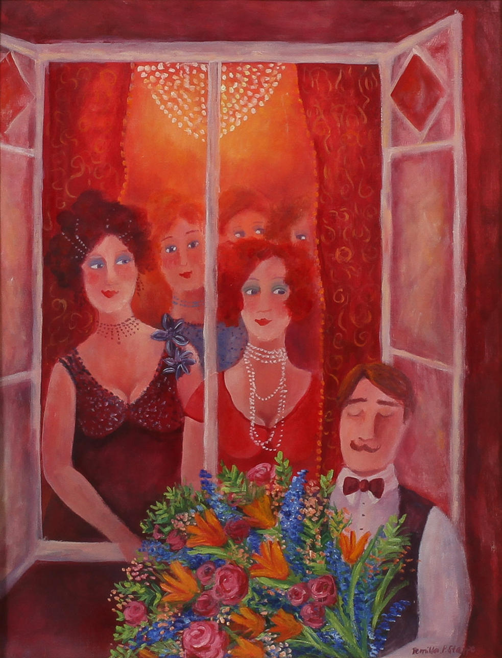 PERNILLA P STAPPE. Figurscen, olja på papp, signerad.