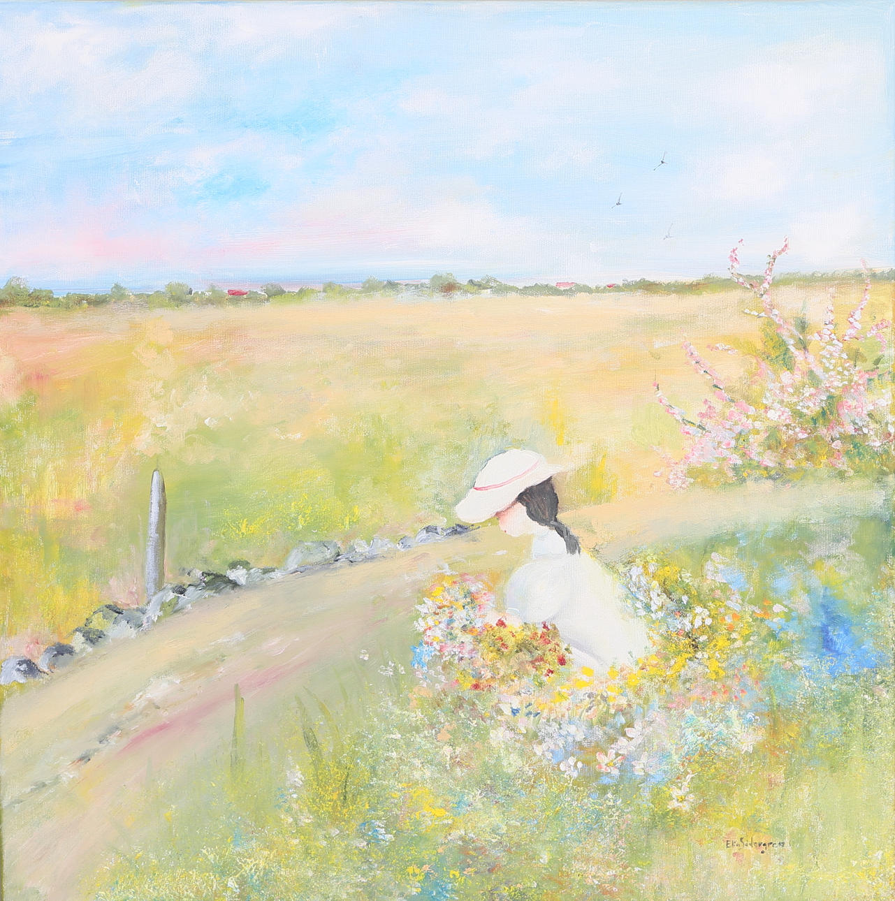ELIN SÖDERGREN. Sommarmotiv, olja på duk, signerad.