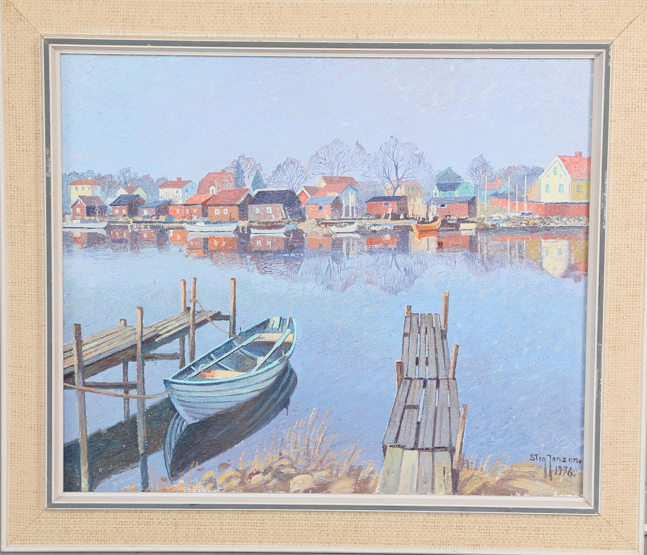 STIG JONZON. "Stensö Fiskeläge i Kalmar", olja på duk, signerad och daterad 1976.