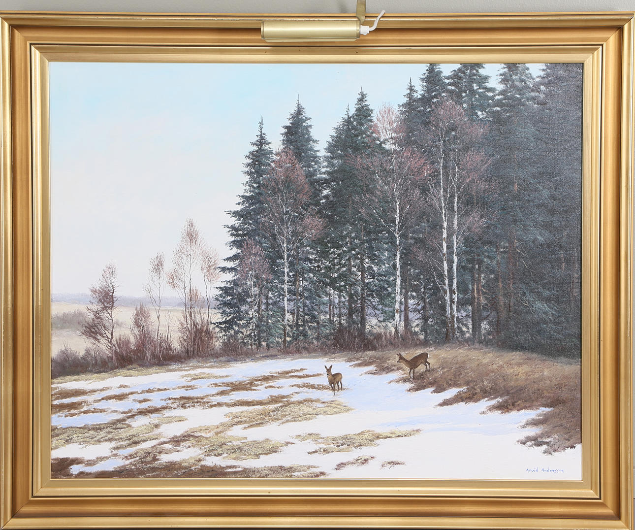 ARVID ANDERSSON. Rådjur i vinterlandskap, olja på duk, signerad.
