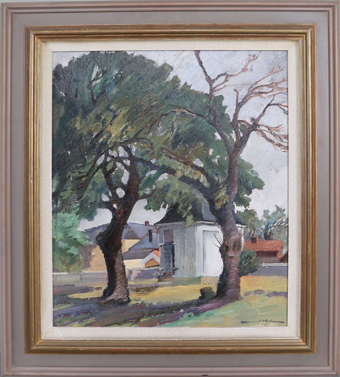 STIG JONZON. Motiv från gamla kyrkogården i Kalmar, olja på pannå, signerad och daterad 1943.