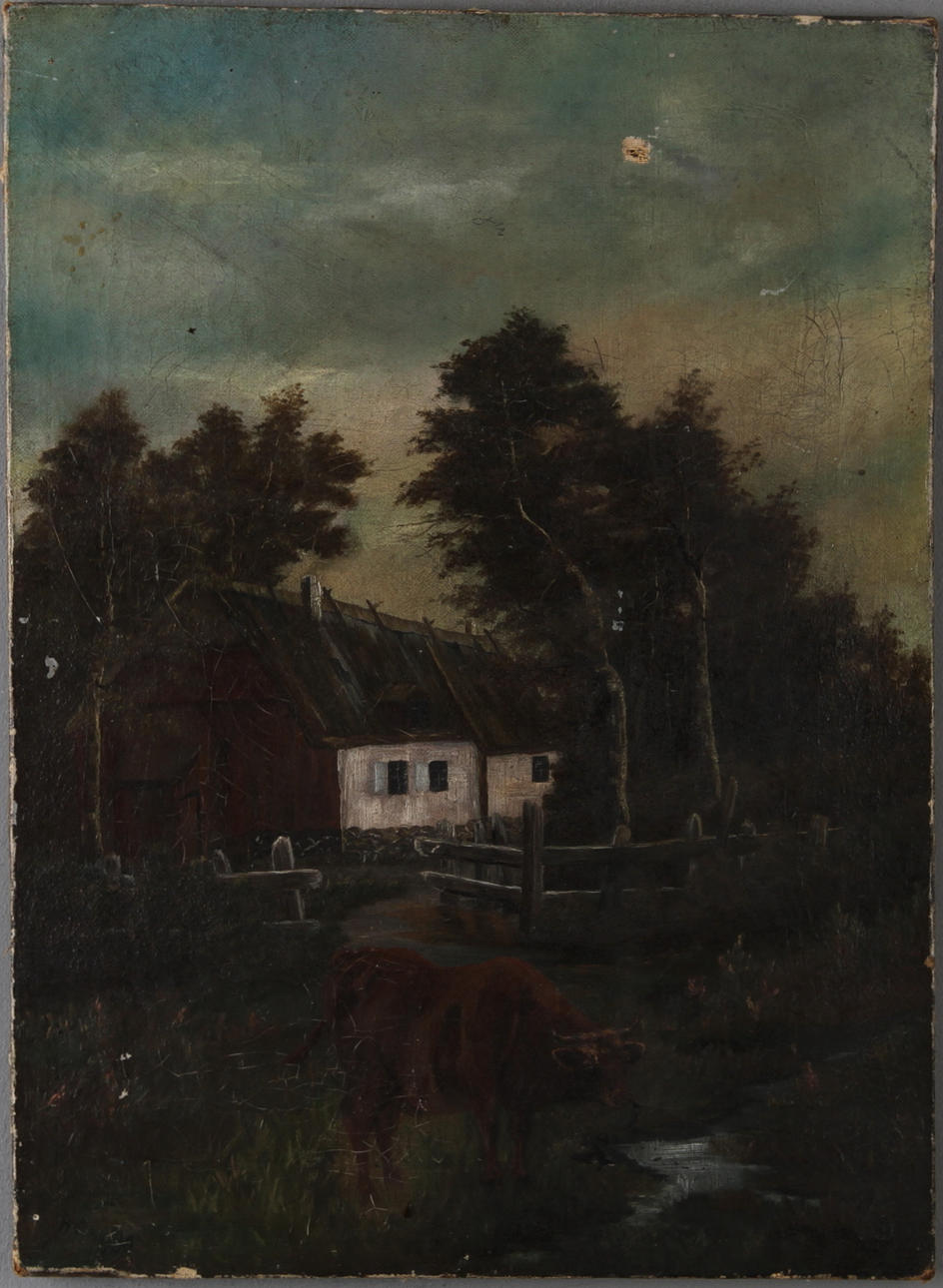 OIDENTIFIERAD KONSTNÄR. Landskap med gård och ko, olja på duk, monogramsignerad samt daterad 1900.