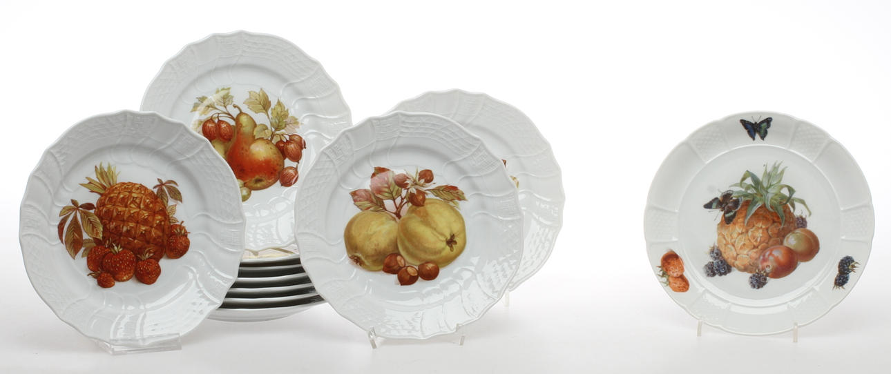 ASSIETTER, porslin, 10 + 1, fruktmotiv, Hutschenreuter samt Rosenthal.