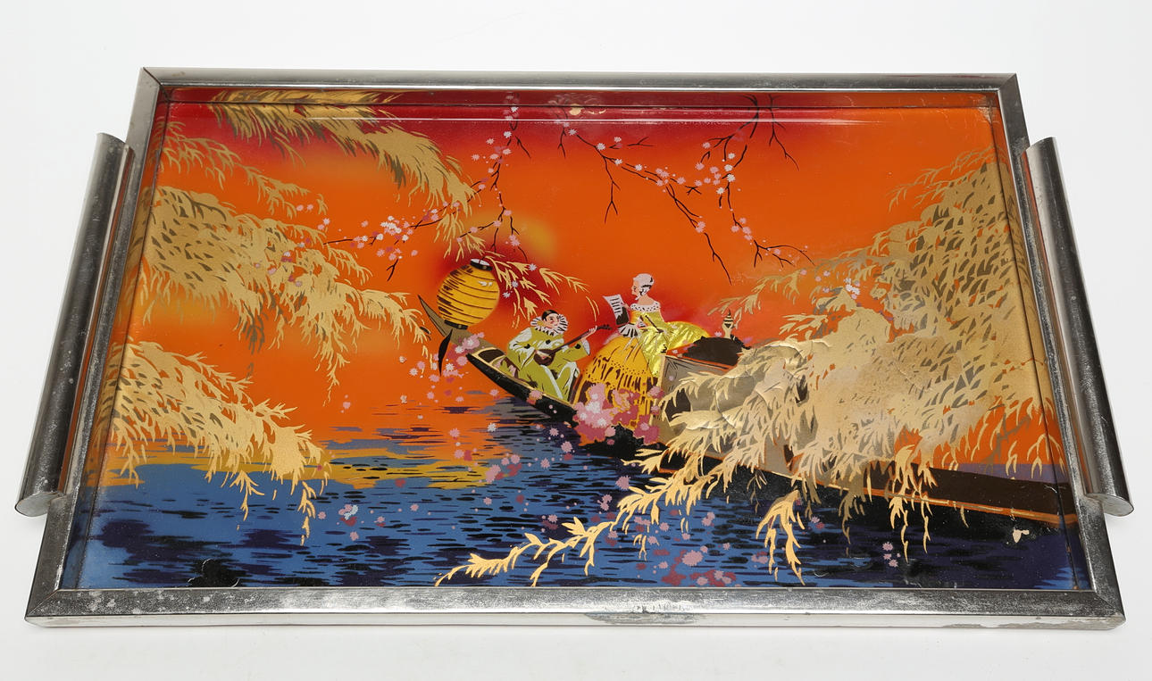 TRAY, glass/metal/wood.